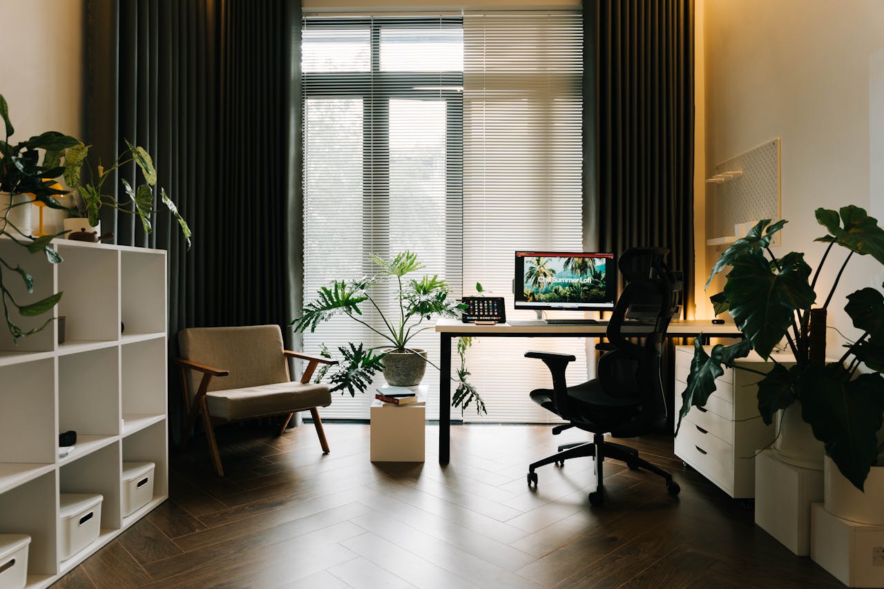 Modern home office interior with plants