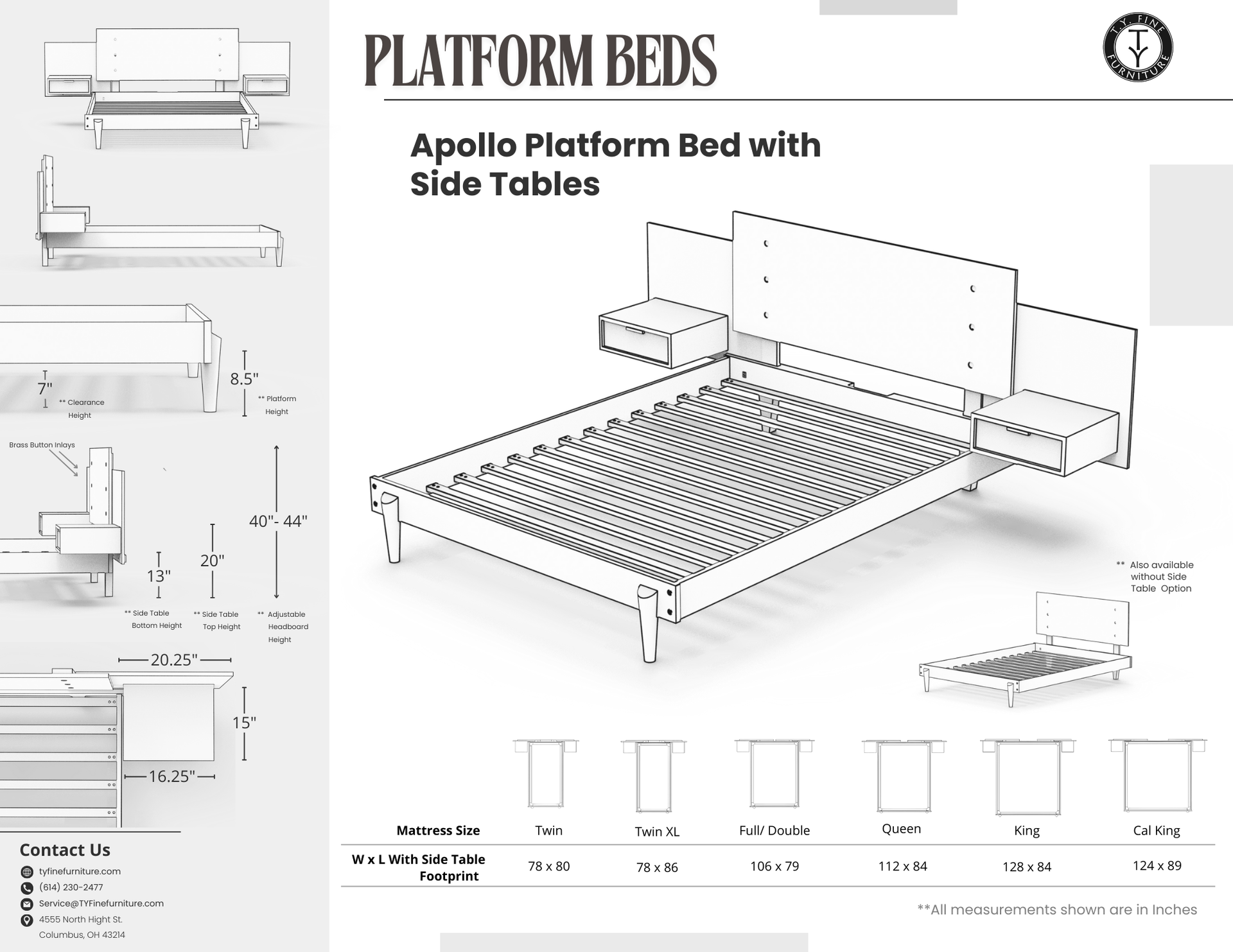 Apollo Platform Bed with Integrated Tables - Solid Wood Bed Frame