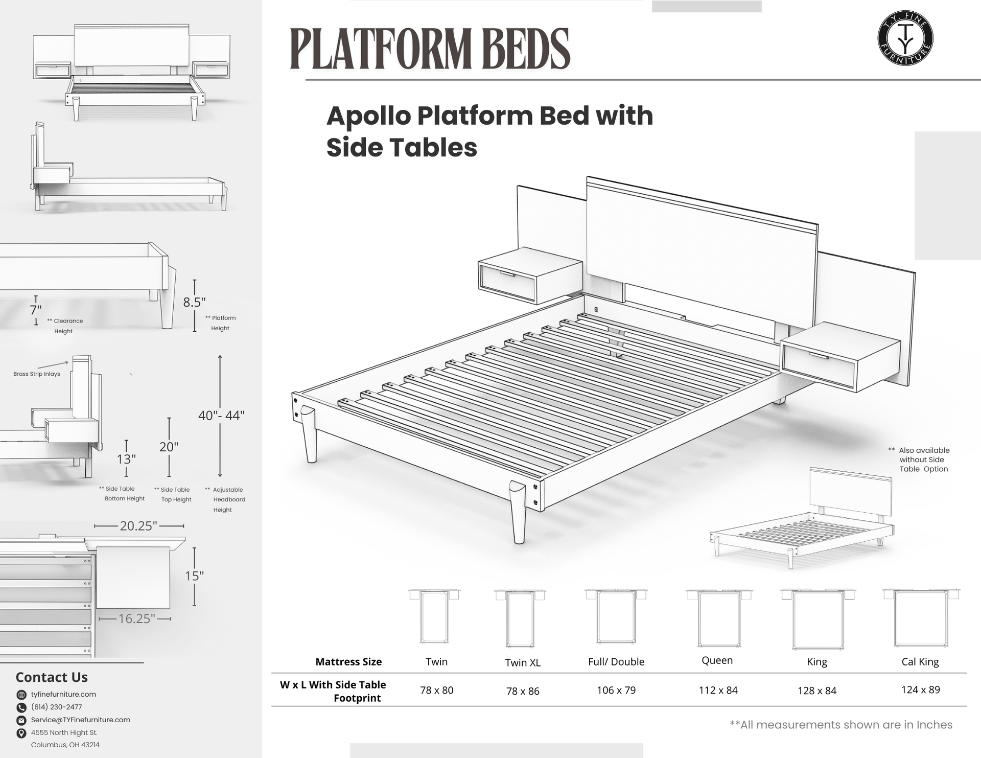 Apollo Platform Bed with Integrated Tables - Solid Wood Bed Frame